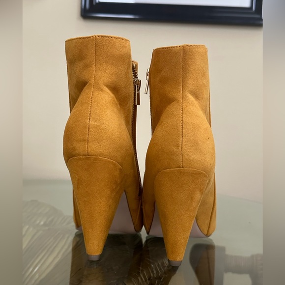 ShoeDazzle - Kaylee Mustard Cone Heeled Ankle Booties - Picture 7 of 10